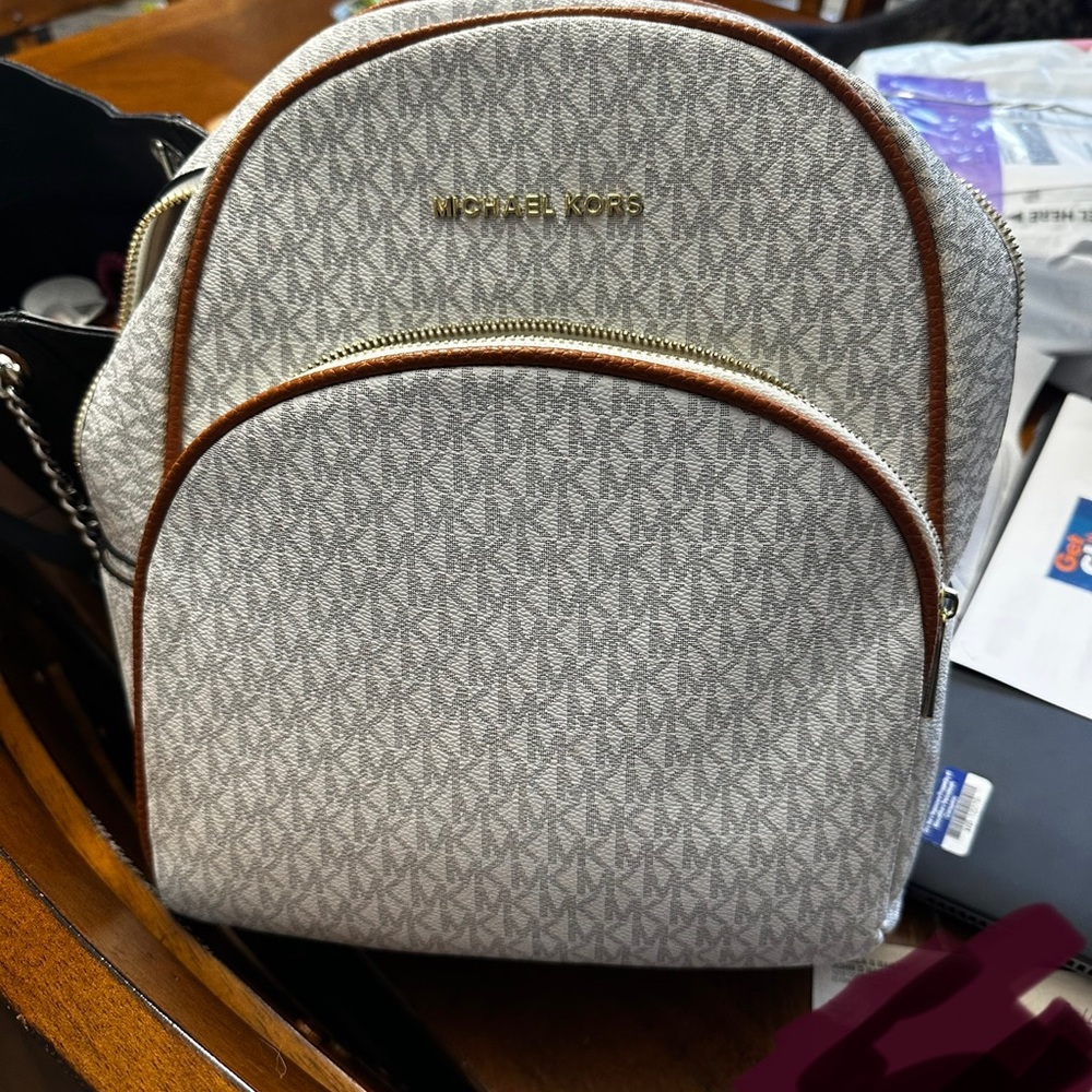 Michael Kors Beige Logo Backpack with Brown Trim